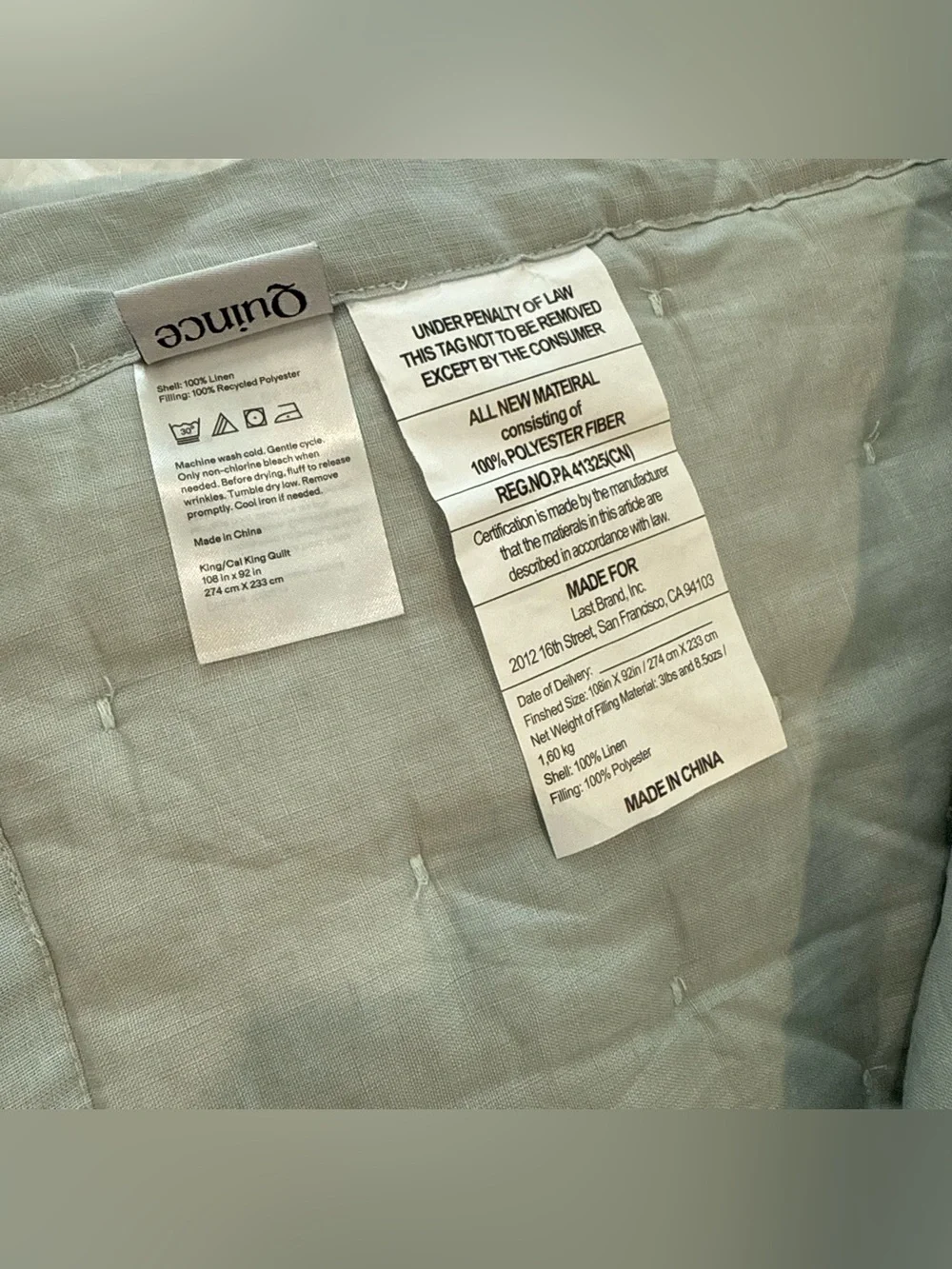 New Quince European Linen Dream Quilt King/CalKing MSRP $184 - Mist No Shams